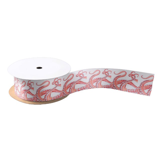 Ruban En Satin Aquarelle rouge de poulpe de tentacules (Bobine)