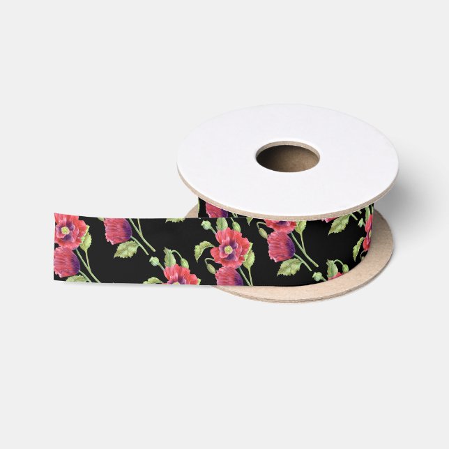 Ruban En Satin Aquarelle rouge pies Floral noir Arrière - plan (Bobine)
