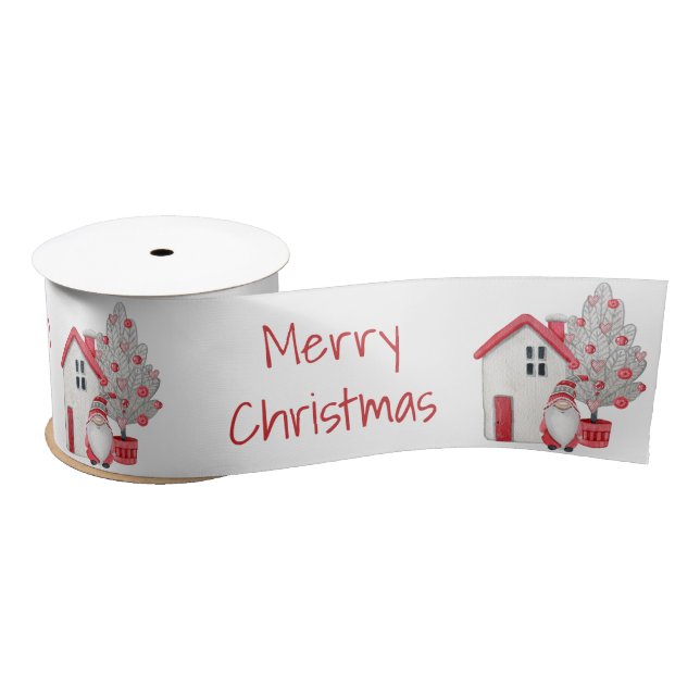 Ruban En Satin Aquarelle scandinave Gnome, Maison Arbre de Noël (Bobine)