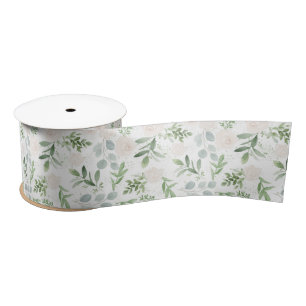 Ruban En Satin Aquarelle simple Motif vert & Fleurs blanches