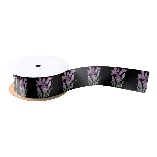 Ruban En Satin Aquarelle violet Iris Botanique Floral Noir (Bobine)