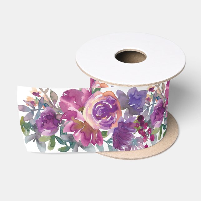 Ruban En Satin Aquarelle violette motif floral (Bobine)
