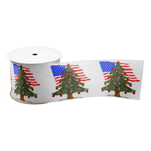Ruban En Satin Arbre de Noël Camouflé Vert Avec Drapeau Américain (Bobine)