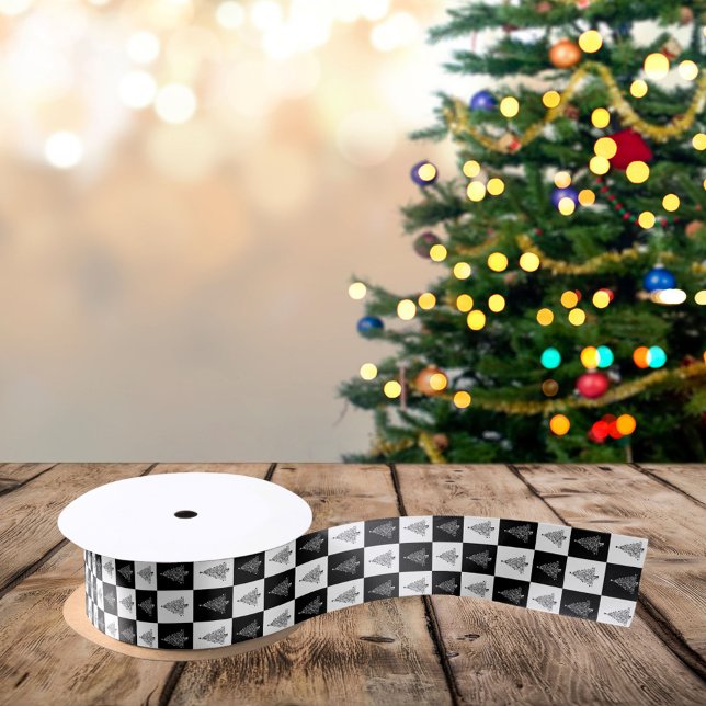 Ruban En Satin Arbres de Noël Carré blancs et noirs modernes (Créateur téléchargé)
