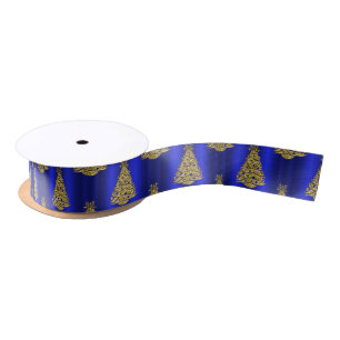 Ruban En Satin Arbres de Noël dorés en bleu