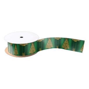 Ruban En Satin Arbres de Noël dorés sur vert