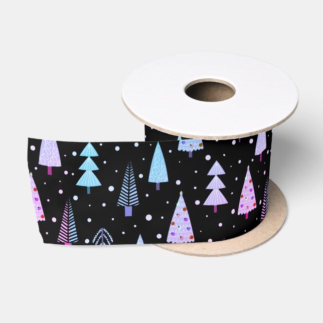 Ruban En Satin Arbres de Noël modernes violet rose Motif noir (Bobine)