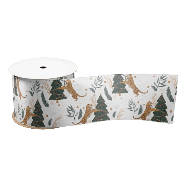 Ruban En Satin Arbres de Noël & tigres motif personnalisé arrière (Bobine)