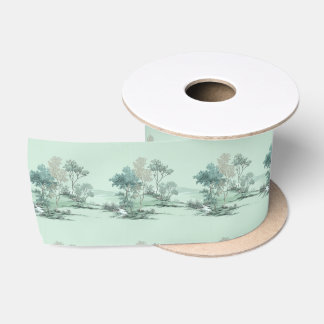 Ruban En Satin Arbres de paysage japonais minimalistes eau verte