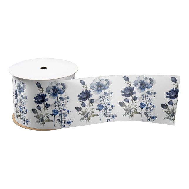 Ruban En Satin Art Delft bleu et blanc avec fleur sauvage (Bobine)