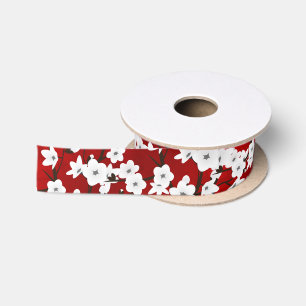 Ruban En Satin Asie Floral blanc cerisier rouge