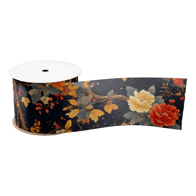 Ruban En Satin Autumn Black Orange Leaf Chinoiserie (Bobine)