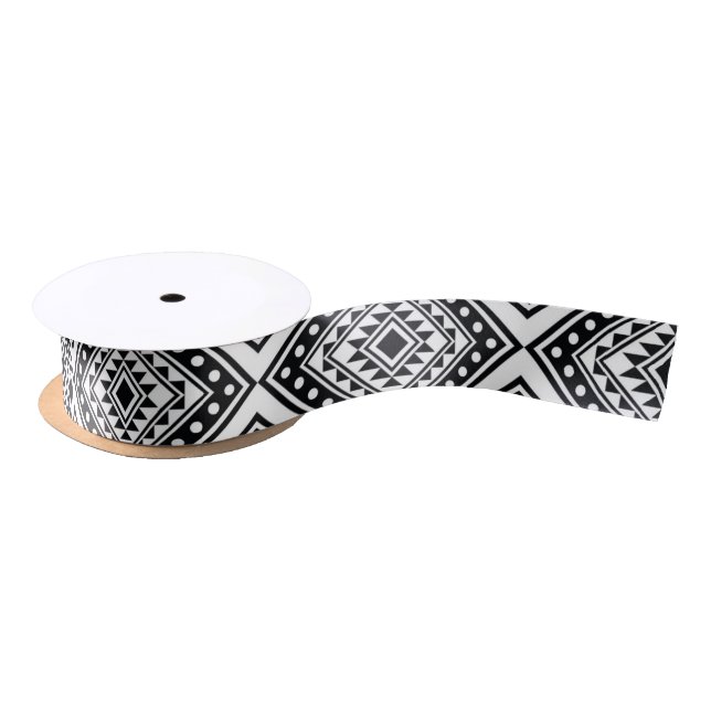 Ruban En Satin Aztec Boho, Motif tribal géométrique noir blanc (Bobine)