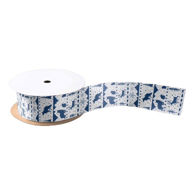 Ruban En Satin Balayage nordique Animaux d'hiver Blanc et bleu ma (Bobine)