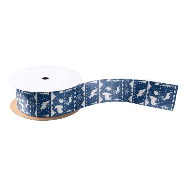 Ruban En Satin Balayage nordique Animaux d'hiver Marine Bleu Et B (Bobine)