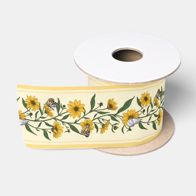 Ruban En Satin Bande florale Sunroot sur blanc cassé (Bobine)