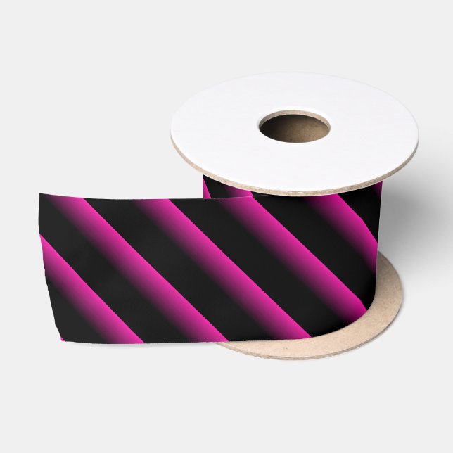 Ruban En Satin Bandes diagonales en noir et rose chaud (Bobine)