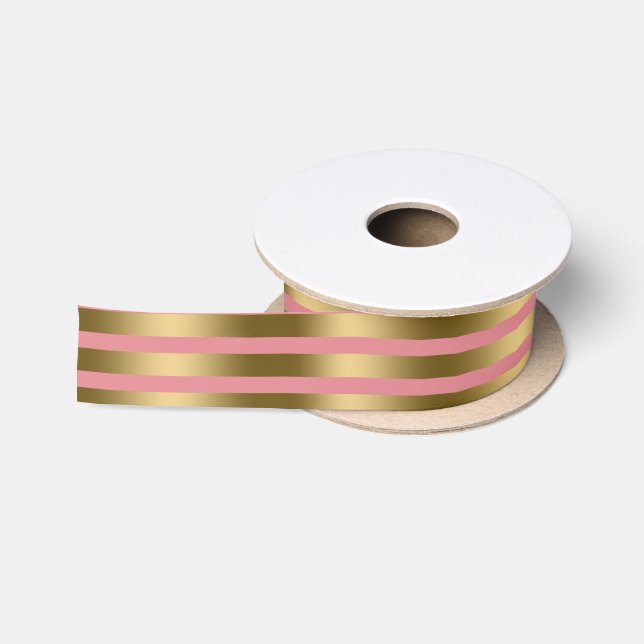Ruban En Satin Bandes d'or et Motif géométrique rose (Bobine)