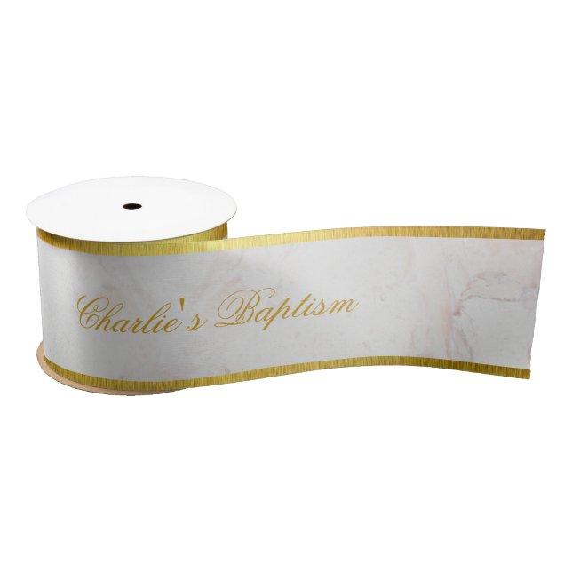 Ruban En Satin Baptême Marbre blanc Faux Or Élégante Calligraphie (Bobine)