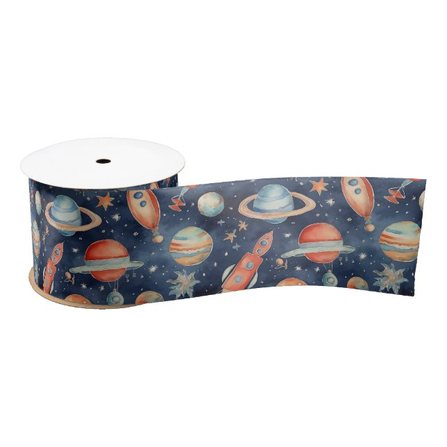 Ruban En Satin Bébé mignon Espace Planète Aquarelle Bleu Orange (Bobine)