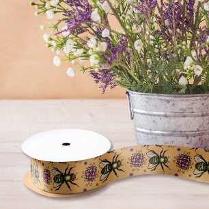 Ruban En Satin Bee miel et fleurs Beige naturel Rustique Floral