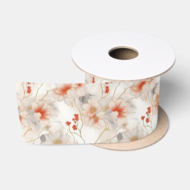 Ruban En Satin Belle Pêche Rouge Blanc Floral (Bobine)
