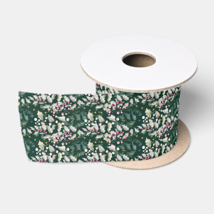 Ruban En Satin Berries et feuillages roses Holly sur vert foncé