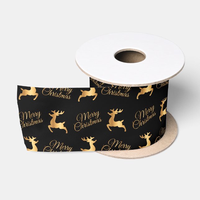 Ruban En Satin Black and Gold Merry Christmas Word Art (Bobine)