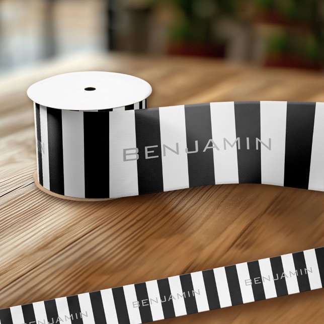Ruban En Satin Black and White Striped (Custom Ribbon - Add Your Own Text)