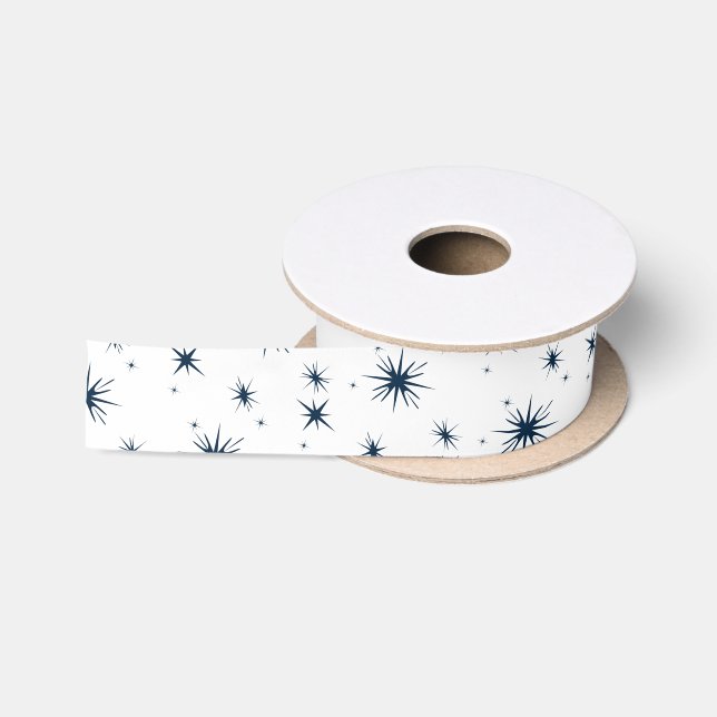 Ruban En Satin Blanc Noël Bleu étoiles (Bobine)