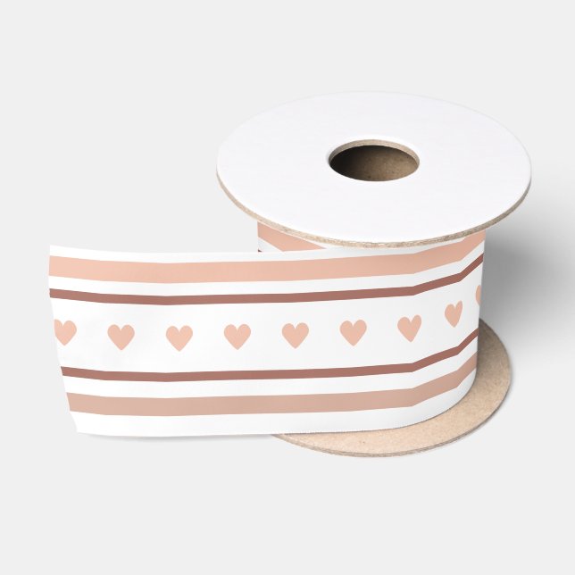 Ruban En Satin Bleu Beige Boho Stripes Gold Foil Coeurs (Bobine)