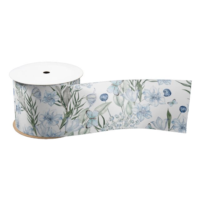 Ruban En Satin Bleu Blancs Aquarelle Motif Floral (Bobine)