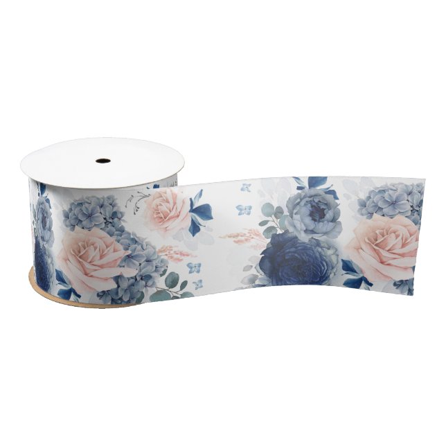 Ruban En Satin Bleu et rose pâle Floral Élégant Romantique (Bobine)