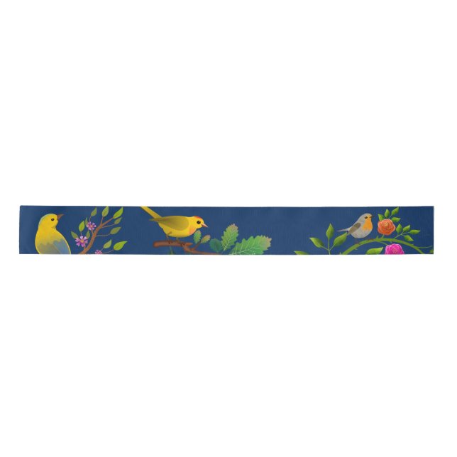 Ruban En Satin Bleu Floral Bird Imprimer (Devant)