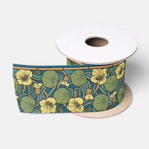 Ruban En Satin Bleu jaune Nasturtium Fleur Nouveau Motif
