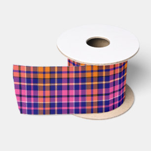Ruban En Satin Bleu marine rose orange carreaux design tartan