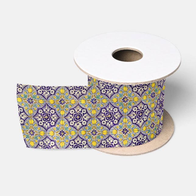 Ruban En Satin Bleu Méditerranée Motif Fleurs Jaunes (Bobine)