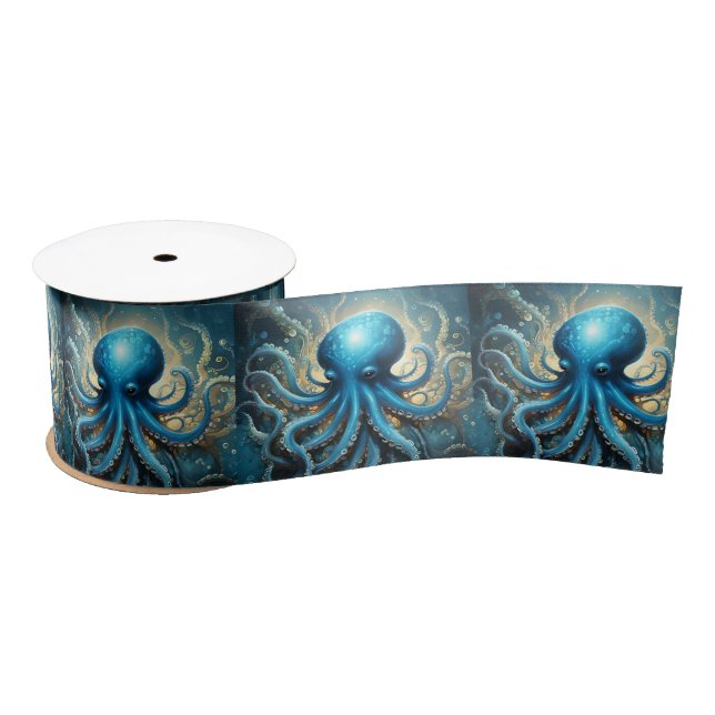 Ruban En Satin Bleu Octopus Acrylique Abstraite, (Bobine)