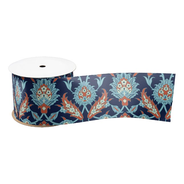 Ruban En Satin Bleu Orange Blanc Turc Oriental Floral (Bobine)
