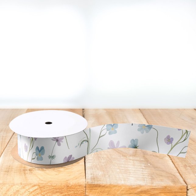 Ruban En Satin Bleu pourpre joli Fleur sauvage motif floral (In situ)