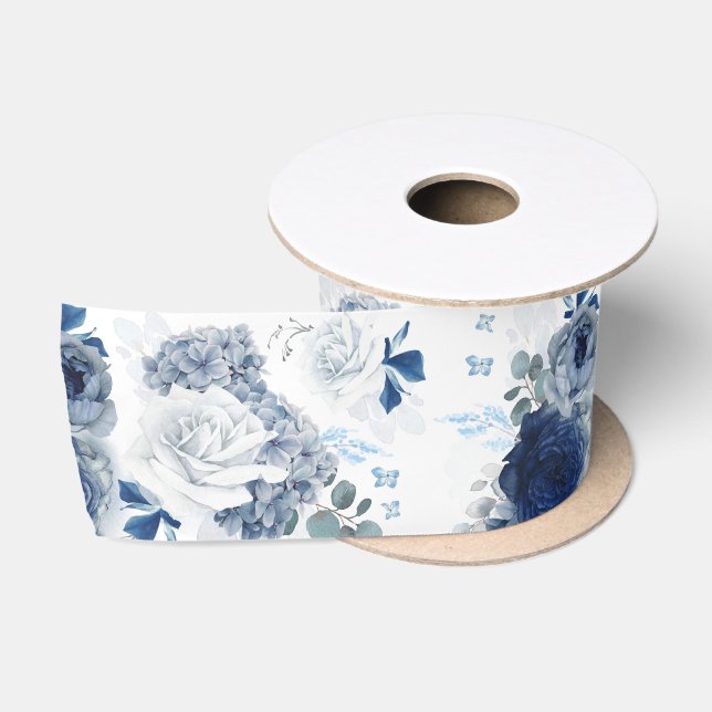 Ruban En Satin Bleu poussiéreux et bleu marine Floral Élégant rom (Bobine)