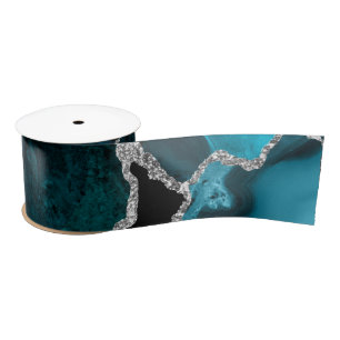 Ruban En Satin Bleu sarcelle et faux agate pailleté argenté