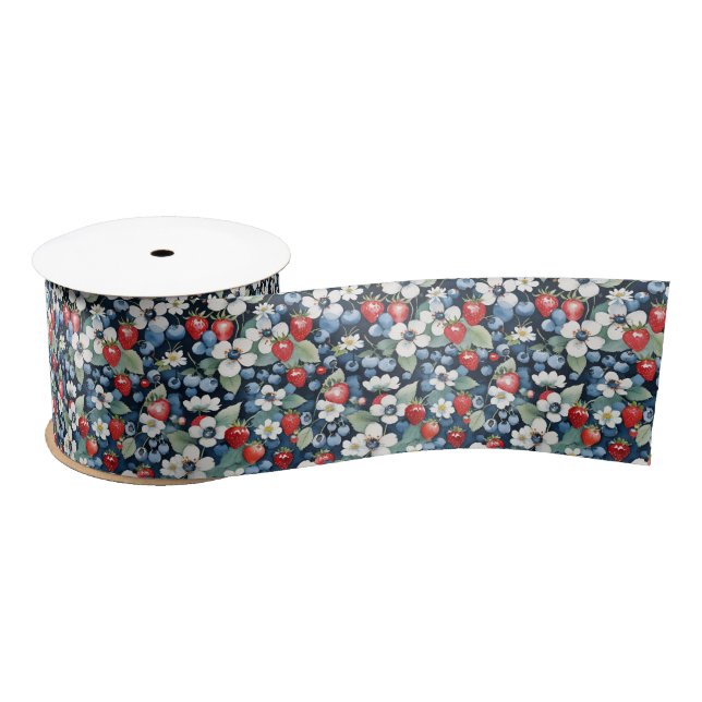 Ruban En Satin Bleuets Et Fraises Floral (Bobine)