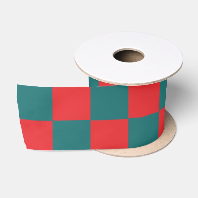 Ruban En Satin Blocs de damier turquoise et rouge (Bobine)