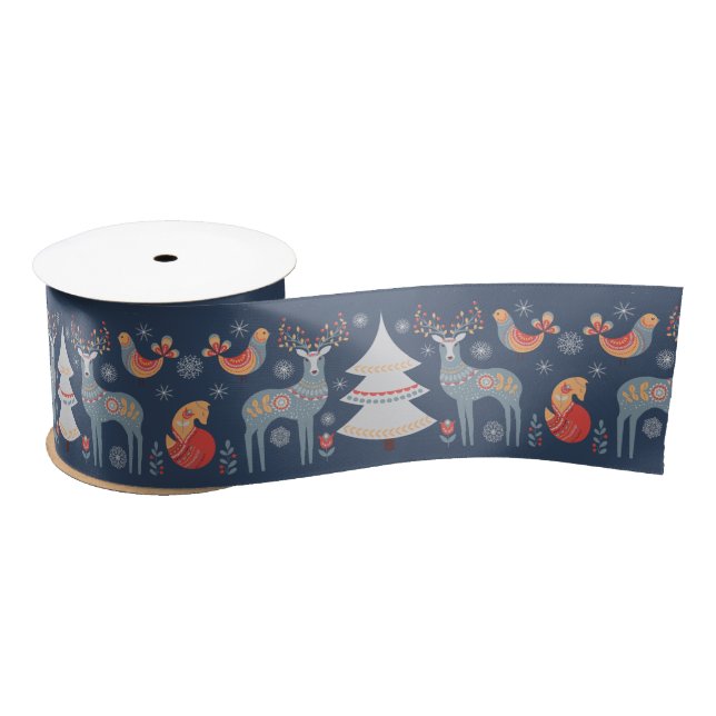 Ruban En Satin Blue Nordic Reindeer Noël Arbre Floral Fête (Bobine)