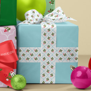 Ruban En Satin Blue Scallop Holly Branch et Berries Noël
