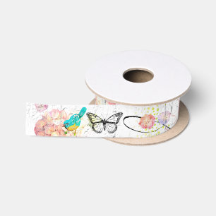 Ruban En Satin Bluebirds avec Hydrangée rose Monogramme floral