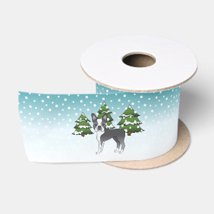 Ruban En Satin Boston Terrier bleu et blanc dans une forêt hivern