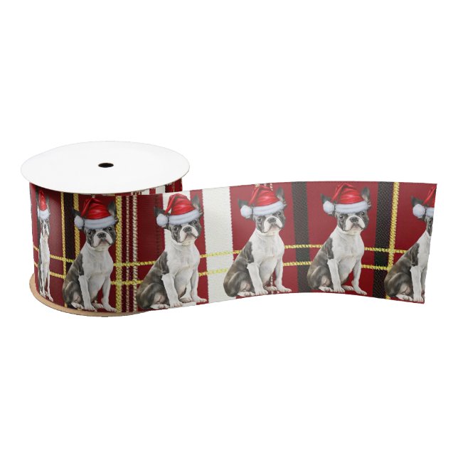 Ruban En Satin Boston Terrier Chien vacances Plaid Fundy Noël (Bobine)