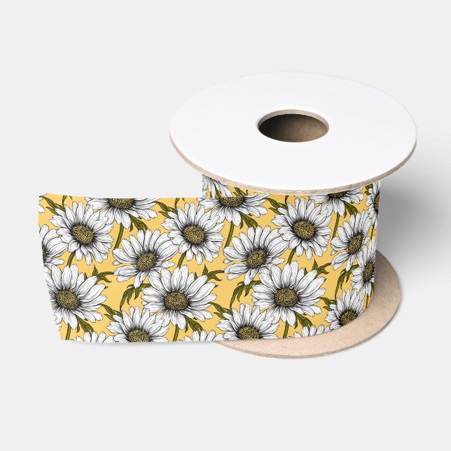 Ruban En Satin Bouches blanches, fleurs sauvages sur jaune (Bobine)